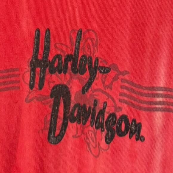 Harley-Davidson Y2K Red Tye-Dye T-Shirt Women’s L Felt Logo Short Sleeve Cropped - Picture 2 of 5